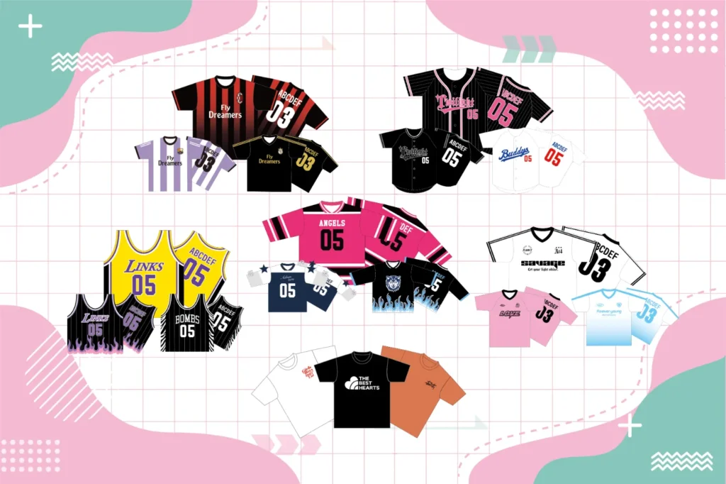 サッカー、野球、バスケユニフォーム。ホッケーTシャツ、パロディTシャツという各ジャンルで人気なデザイン3パターンが載っている画像。