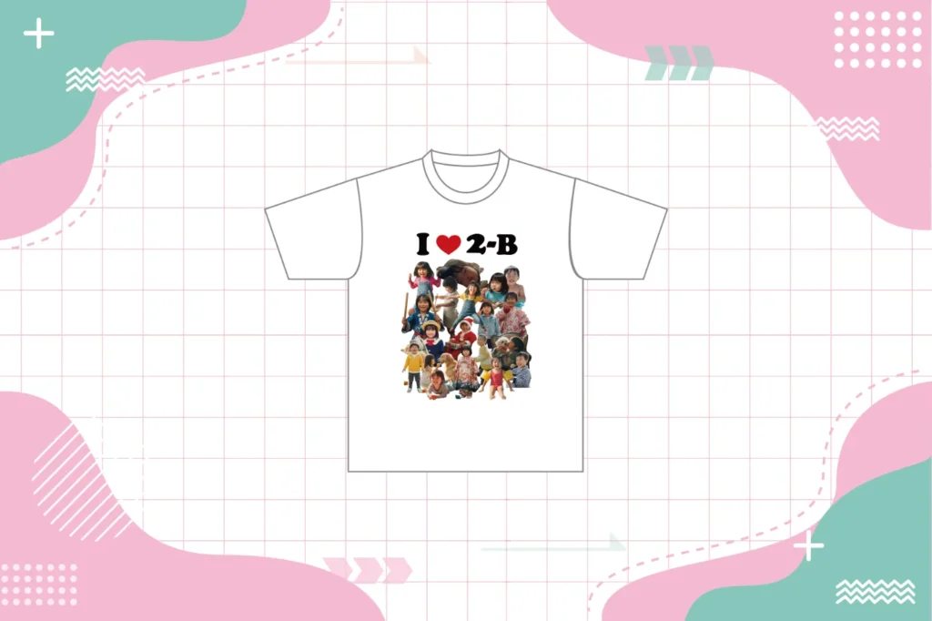 クラスメイトの幼少期デザインを切り取ってハート型になっている幼少期デザインのクラスTシャツの画像。