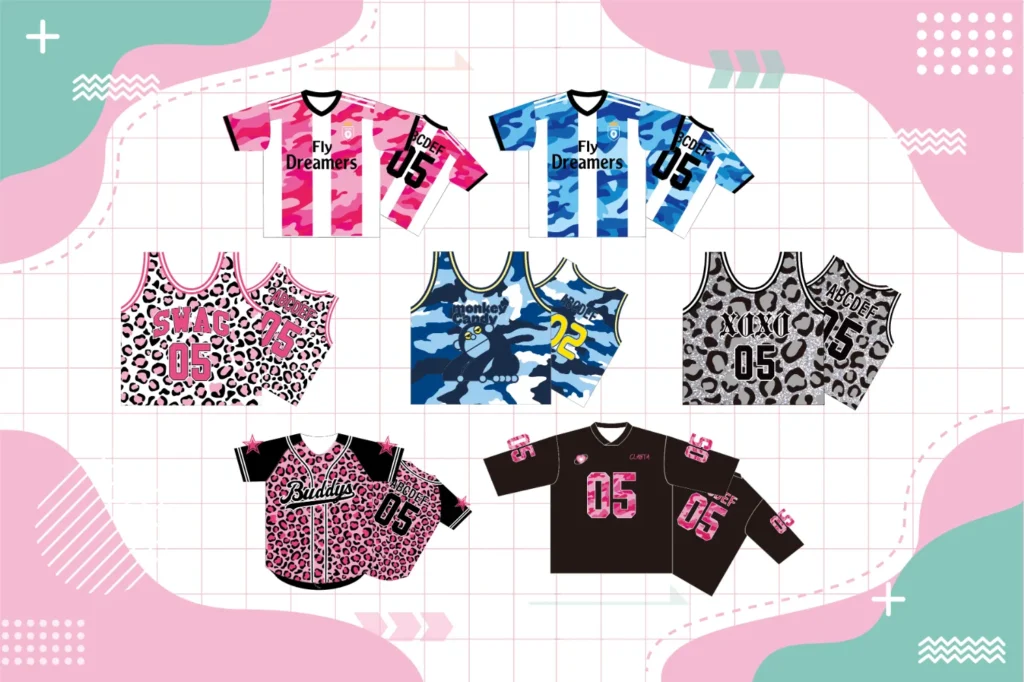 ピンクjやブルーを使った迷彩柄や、ビビットピンク×ブラックやブラック×グレー、薄ピンク×ブラックのヒョウ柄をつかった人気デザインが7種類載っている画像。