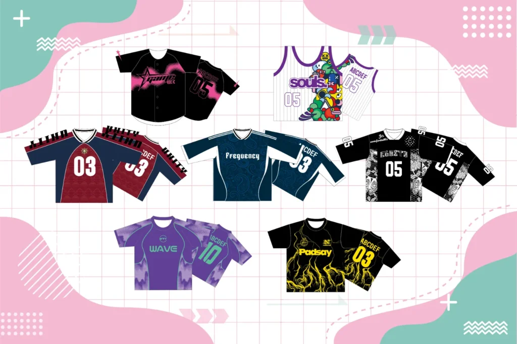 他にも珍しいオリジナルデザインや、パロディデザインのクラスTシャツやユニフォームが7種類載っている画像。