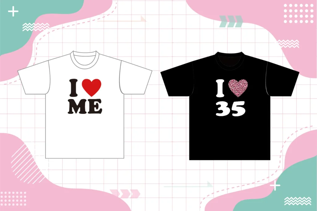 白生地にI♡MEと書いてるTシャツ(♡部分が赤色)と黒生地にI♡ME(♡部分がピンクのヒョウ柄)と書いてあるTシャツの画像。