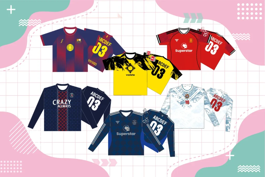 柄があるサッカーユニフォームの人気パロディクラスTシャツが6種類のっている画像。